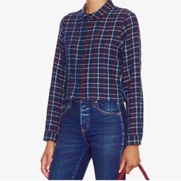 Sea New York Wool Plaid Crop Top Eyelet Lace Back Long Sleeve Navy Blue Sz 2 - Picture 1 of 13